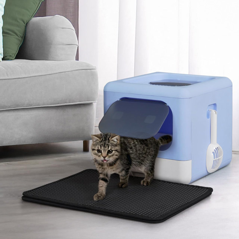 Bac à litière pliable pour chat avec couvercle pour chaton, petit bac d'entrée et de sortie à deux voies avec pelle, tapis pour chat et filtre à odeurs, bac à litière facile à nettoyer, bleu