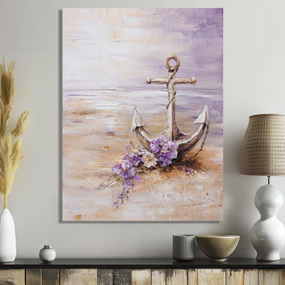 Floral Anchor On The Beach I - décor mural en métal bord de mer, impression métallique nautique