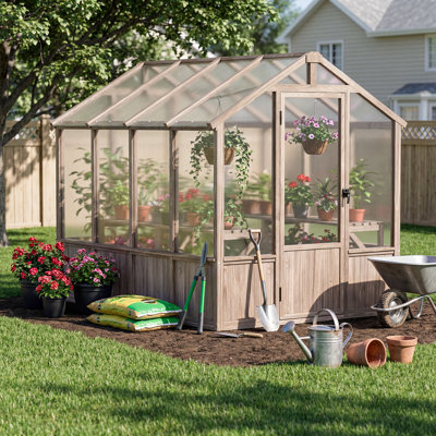 6×8 Ft Wood Greenhouse, Cedar Wood and Polycarbonate Walk-In Outdoor Greenhouse 