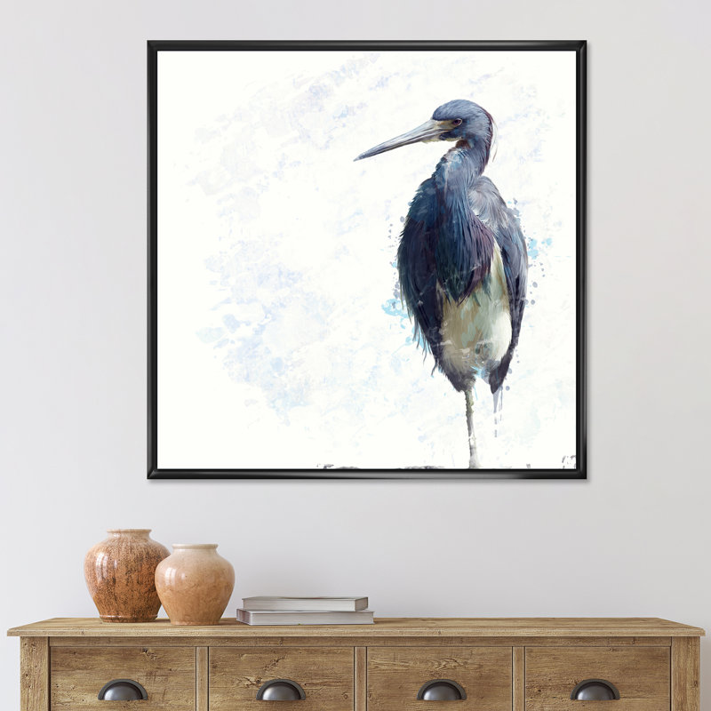 Héron tricolore - peinture sur toile, H 30 po x l 30 po x P 1 po, Cadre noir