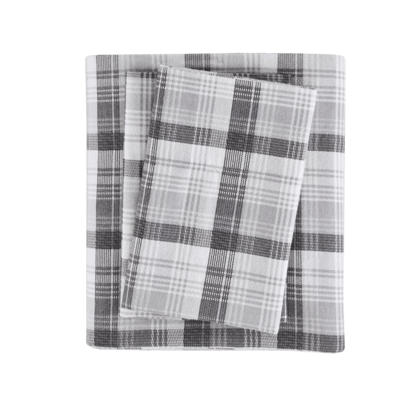 Queen Blue Plaid Cotton Flannel Sheet Set