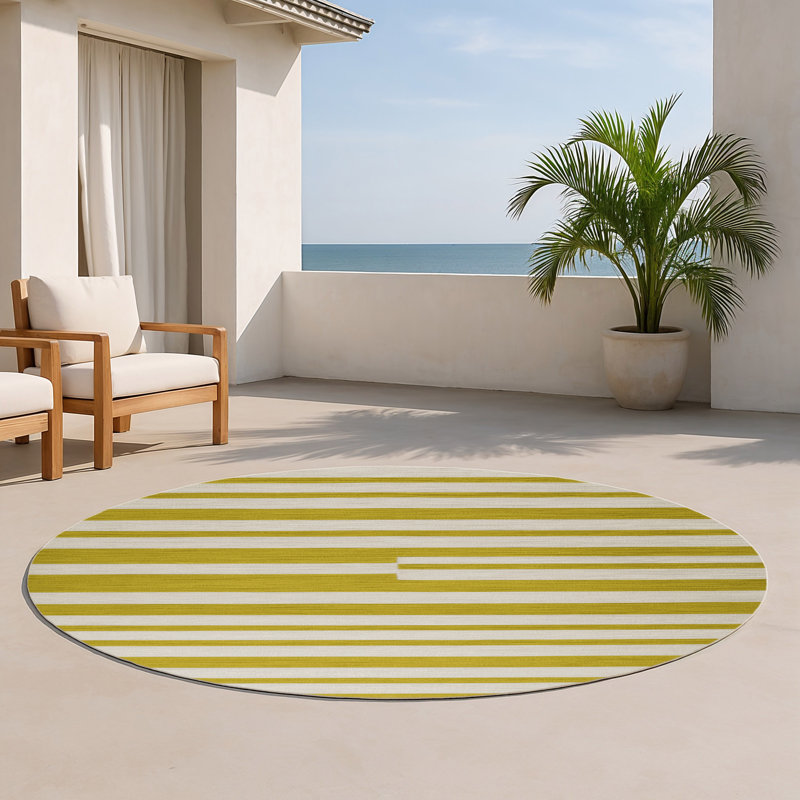 HorizontalStripes Beige Indoor and Outdoor Area Rug, Round 5'