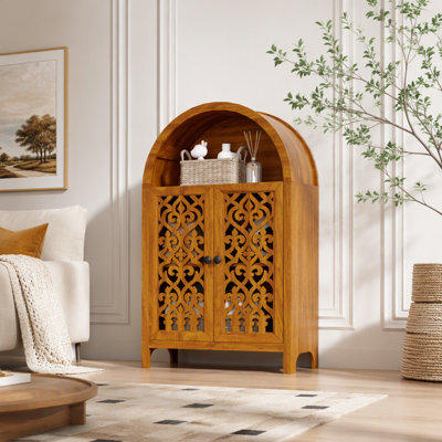 Hand-Carved Arched Cabinet, Solid Wood Storage Cabinet With Open Shelf & 2 Doors, Tall Narrow Accent Cabinet For Living Room, Bedroom, Entryway