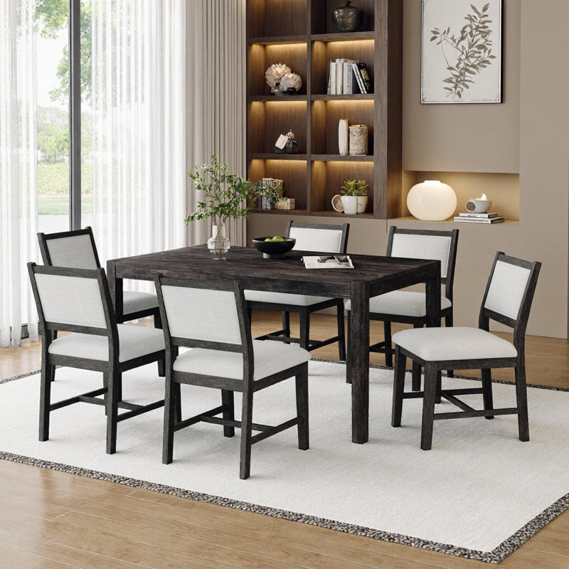 Ensemble de table de salle à manger 7 pièces pour 6 personnes, table rectangulaire en bois avec chaises rembourrées, Noir