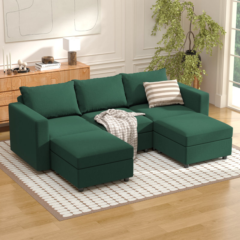 BOX MODULE STO SOFA 90'' 5 Piece Upholstered Modular Sectional Sofa with Storage, Green Cotton Blend