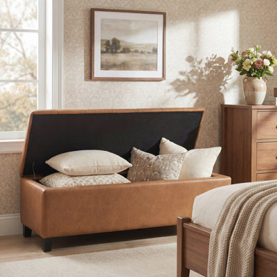 Banc repose-pieds avec rangement, surface en polyuréthane brun, pieds en bois d'hévéa, capacité de 300 lb