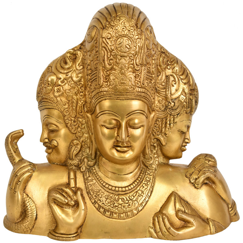 9 "Trimurti de Elephanta - Statue en laiton fabriqué à la main Brahma Vishnu Shiva pour temple