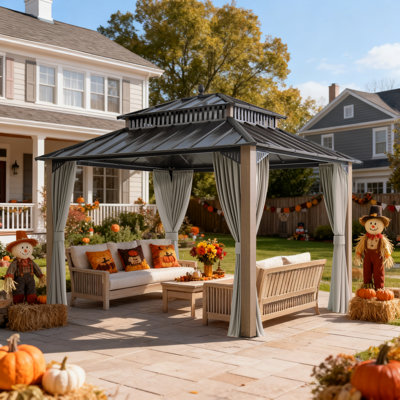 SUNJOY Kingston 12x10 Gazebo, Steel Roof Hardtop Gazebo with Curtain and Netting - Woodgrain Posts
