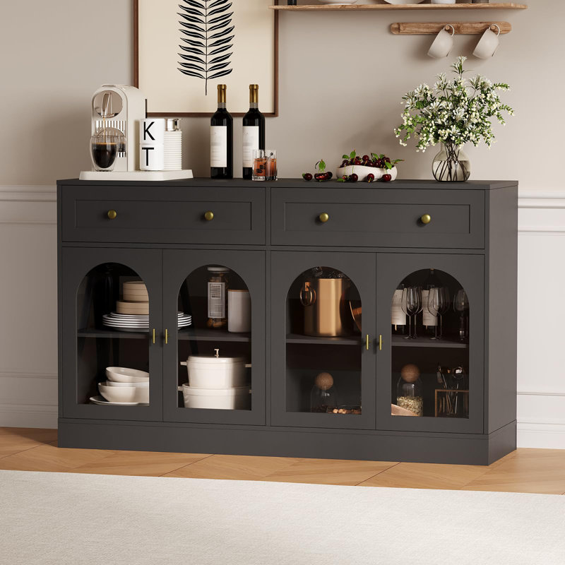 GarveeHome 55 in Black Fluted Buffet Cabinet, Modern Sideboard with Drawers & 4 Transparent Acrylic Doors, Wood Kitchen Storage Cabinet for Dining Room, Living Room Accent Furniture Black