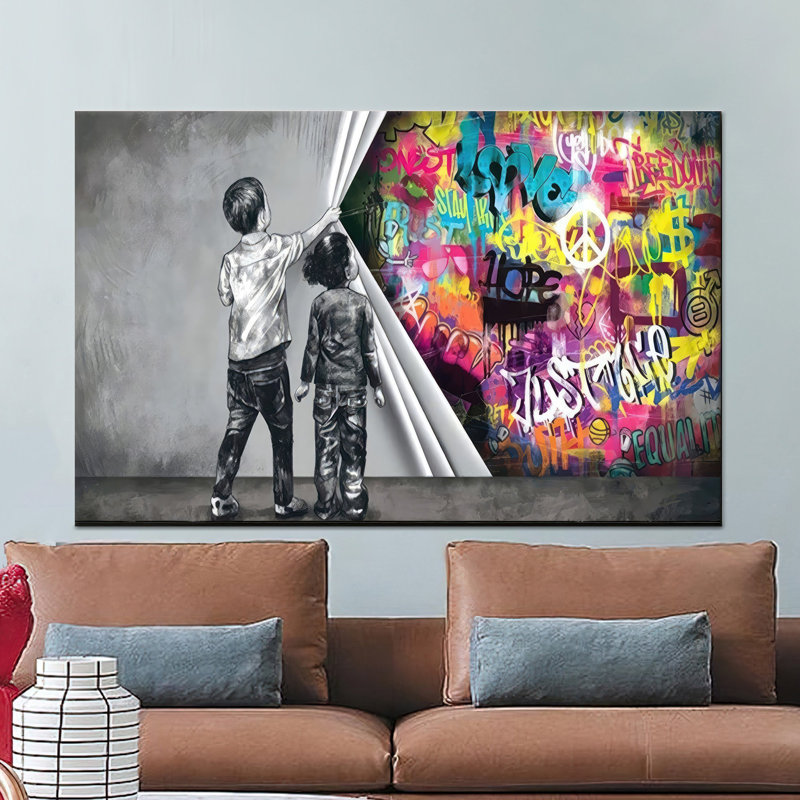 Impression sur toile imprimée «Banksy boy»: Graffiti urbain, toile d'or 1P, 47,3 po H x 67 po l