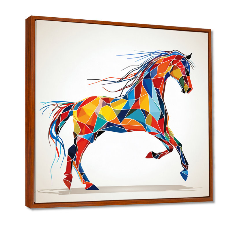 Graphique coloré cheval au galop - cheval, art mural, H 16 po x l 16 po, Toile brune avec cadre flottant