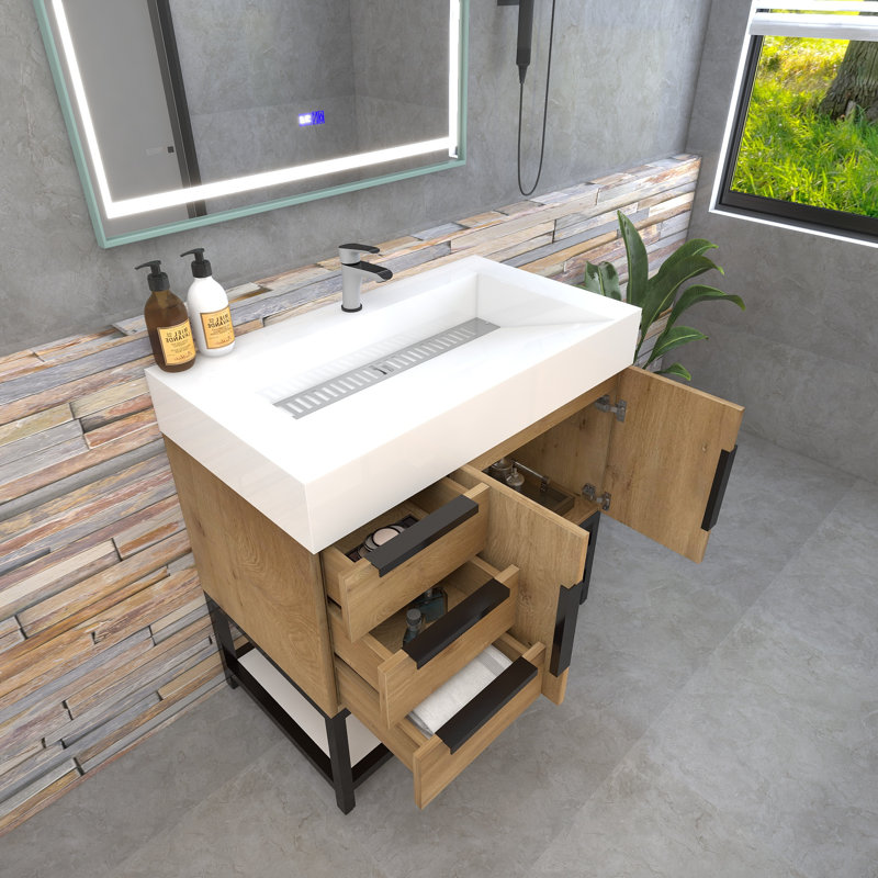 Finition du meuble-lavabo sur pied simple 36 po Jessica / Base: Noir lustré, Teck chêne