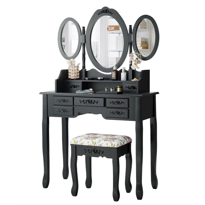 Ensemble coiffeuse avec miroir Clementina, Noir
