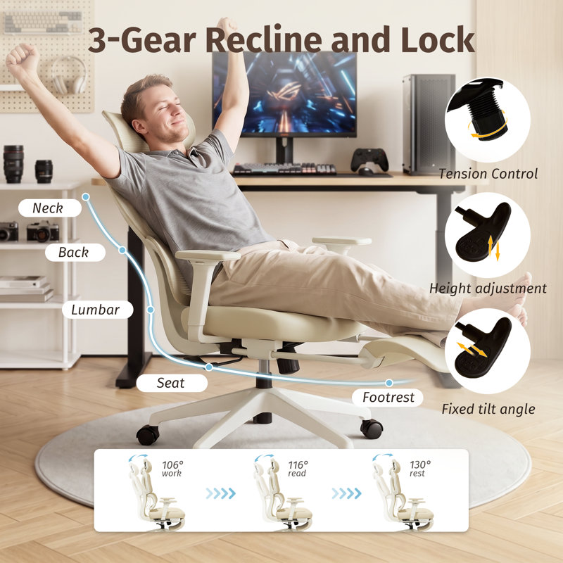 Ergonomic Mesh Task Chair, High Back Office Chair with 3-Level Recline Lock, Task Chair with Adjustable Headrest & Armrest & Backrest, Lumbar Support, and Retractable Footstool