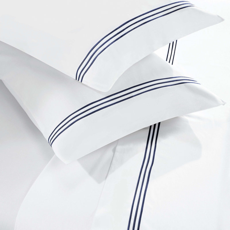 Ensemble de draps en coton Brandon, Ensemble de draps très grand californien avec 2 t, Blanc/bleu marine