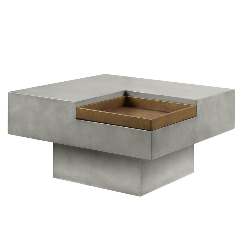 Table basse rustique en ciment avec plateau carré et piédestal gris patiné, charmante et fonctionnelle