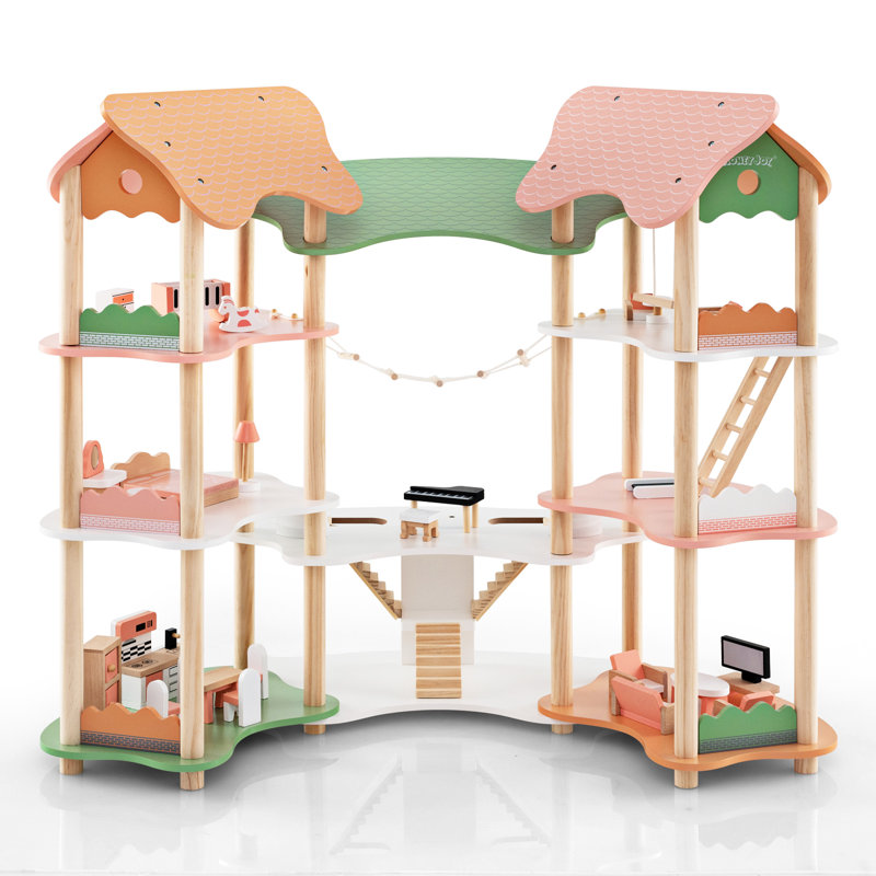 Doll House 7 Rooms 3 Tiers Wooden Dollhouse With 31 Furniture Pieces Cute Family Pretend Play Dollhouse For Kids Aged 3+ Doll House Playset For 3”-6” Dolls Gift For Kids