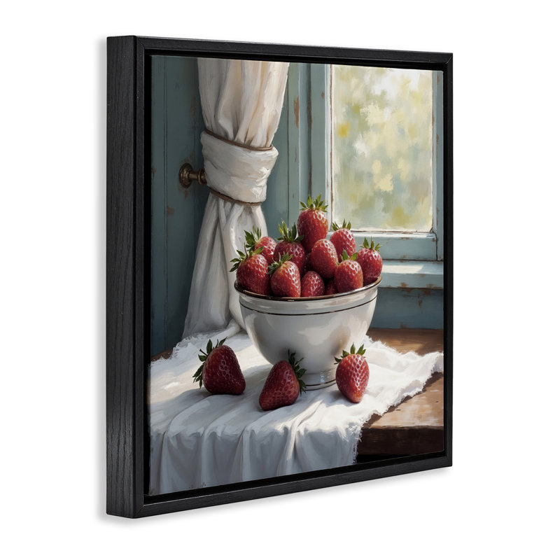 Récolte de fraises dans un cadre de fenêtre flottant, design par lettré et doublé, Cadre flottant noir de jais