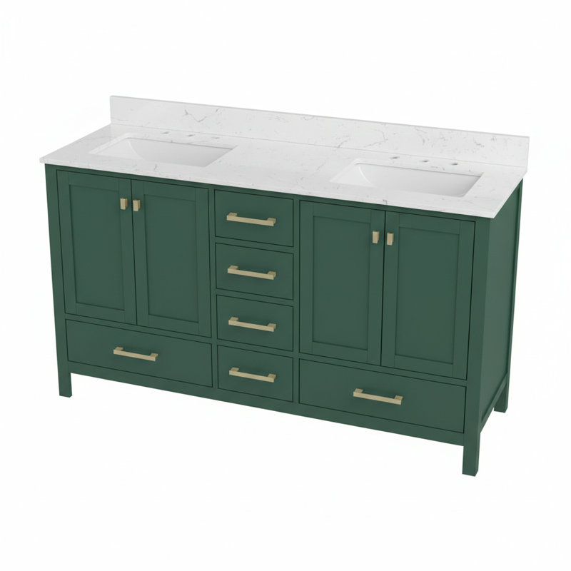 Meuble-lavabo de salle de bain de 60 pouces avec lavabo double, structure en bois massif, monobloc, comptoir de toilette autoportant, vert, tiroirs à fermeture en douceur