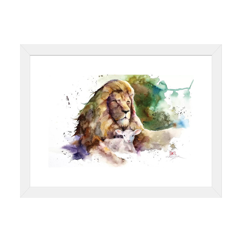 Lion et agneau par Dean Crouser, reproduction d’art, H 16 po x l 24 po x P 1 po, Papier encadré blanc, Blanc