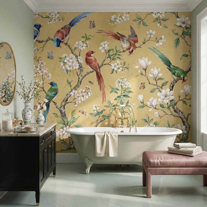 Papier peint floral avec oiseaux, 100 po x 96 po, Non tissé non collé