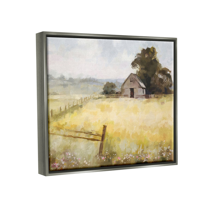Ba-648-Floater Distant Barn Country Fence, encadré sur toile par Ziwei Li, Cadre flottant gris lustré