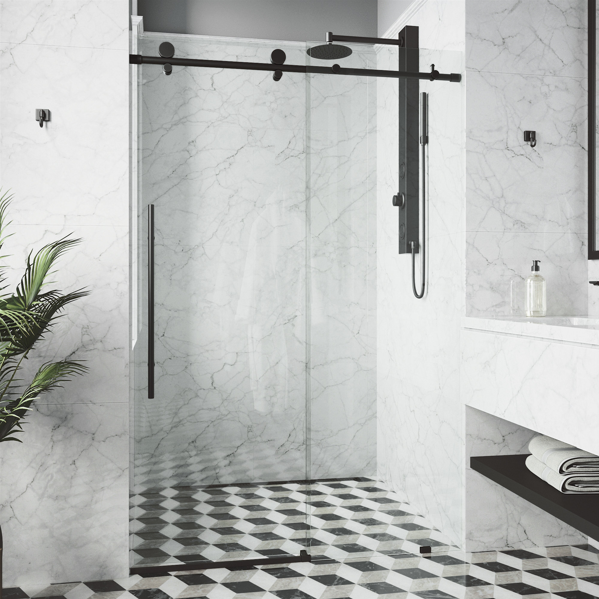 Elan E-Class 52-56" W x 76" H Sliding Frameless Shower Door with 3/8" Clear Glass, Matte Black