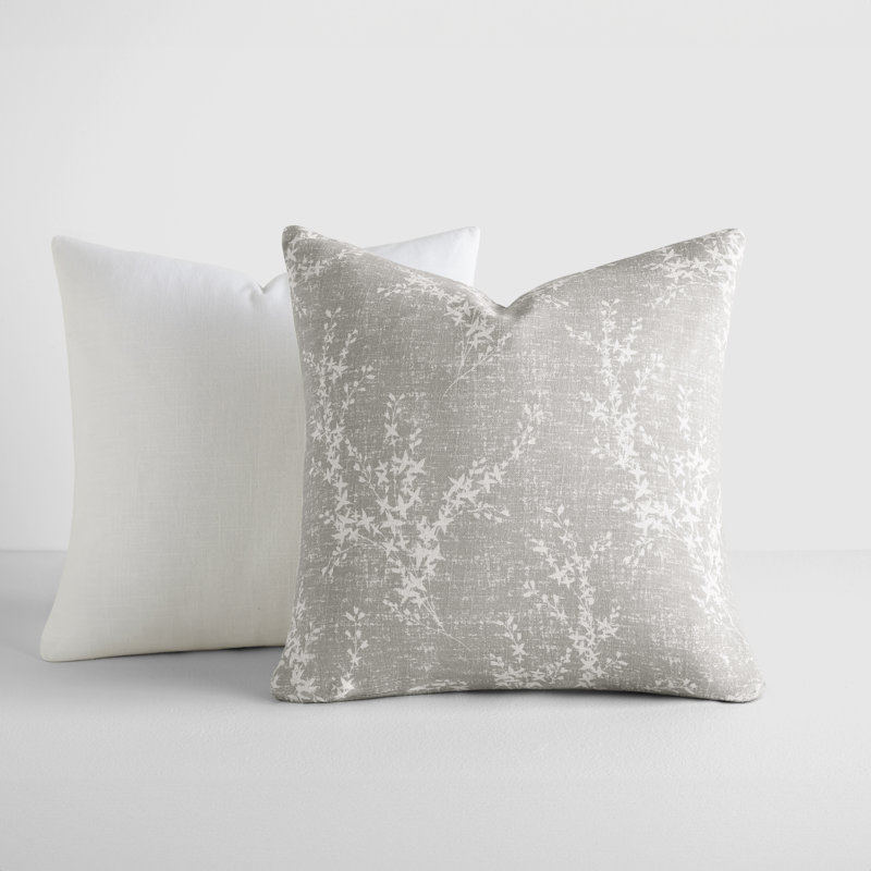 Ensemble de 2 coussins décoratifs en coton flammé couleur saule, Blanc, gris / floral