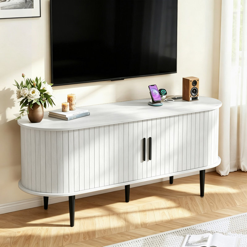 Meuble télé 47 po avec console cannelée et portes cannelées, Blanc