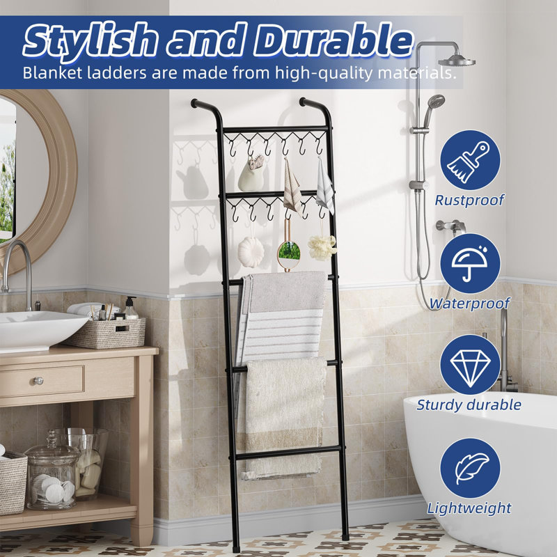Black Metal 79'' Freestanding 5-Tier Blanket Ladder with Hooks