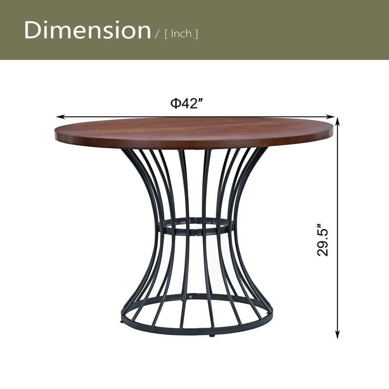 Table de salle à manger ronde en placage de chêne de 42 po - Plateau d'aspect bois massif, piédestal robuste en fer forgé, meuble de cuisine et coin-repas compact