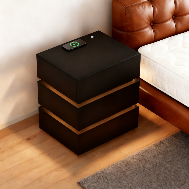 3 Drawer Nightstand with LED Lights & Charging Station, Modern End Table with USB Type-C & Wireless Charger, Wood Bedside Cabinet for Bedroom