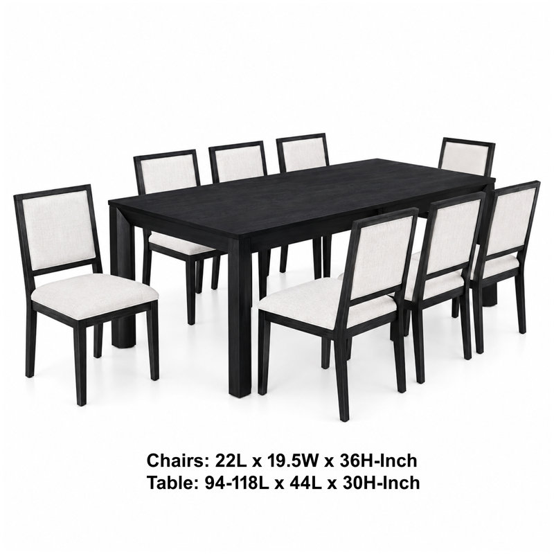Ensemble de tables de salle à manger Kizie, chaises extensibles en bois de 94 à 118 pouces, Noir, 9, Blanc/Noir