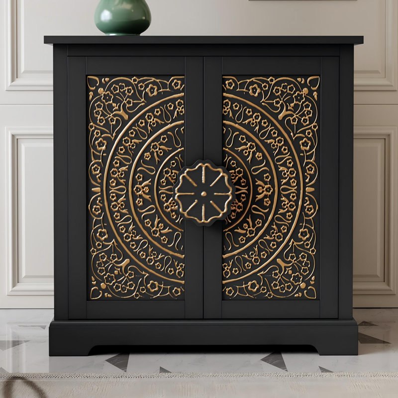 31.5''Vintage Sideboard with Hand-Gilded Embossed Doors with Adjustable Shelves, Black