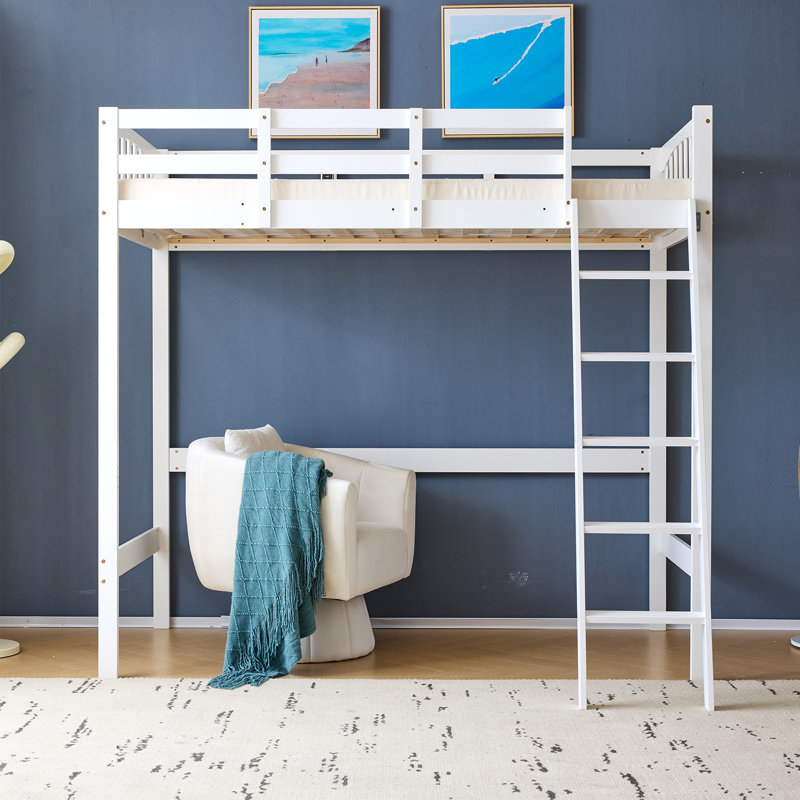 Solid Wood Loft Bed Twin Size With USB Charging Station/LED With Flat Rungs, 15 Inches High Guardrail,Wood Slat Support No Box Spring Needed, White