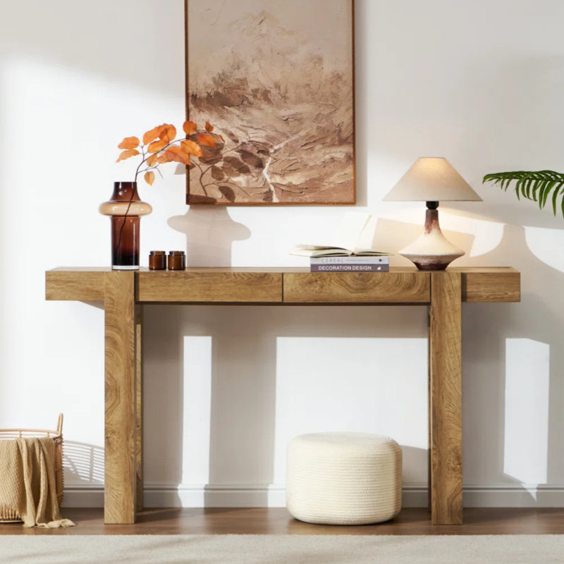 63'' Farmhouse Console Table With Wooden Narrow Design And Extra Long Structure For Living Room & Entryway, Light Knotty Oak