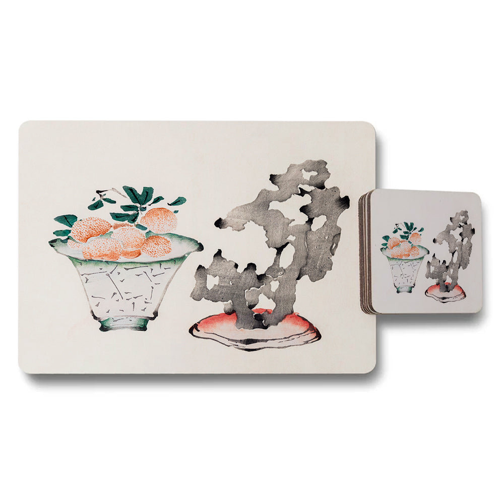 Watercolor Fruit Bowl And Bonsai Placemat And Coaster Set