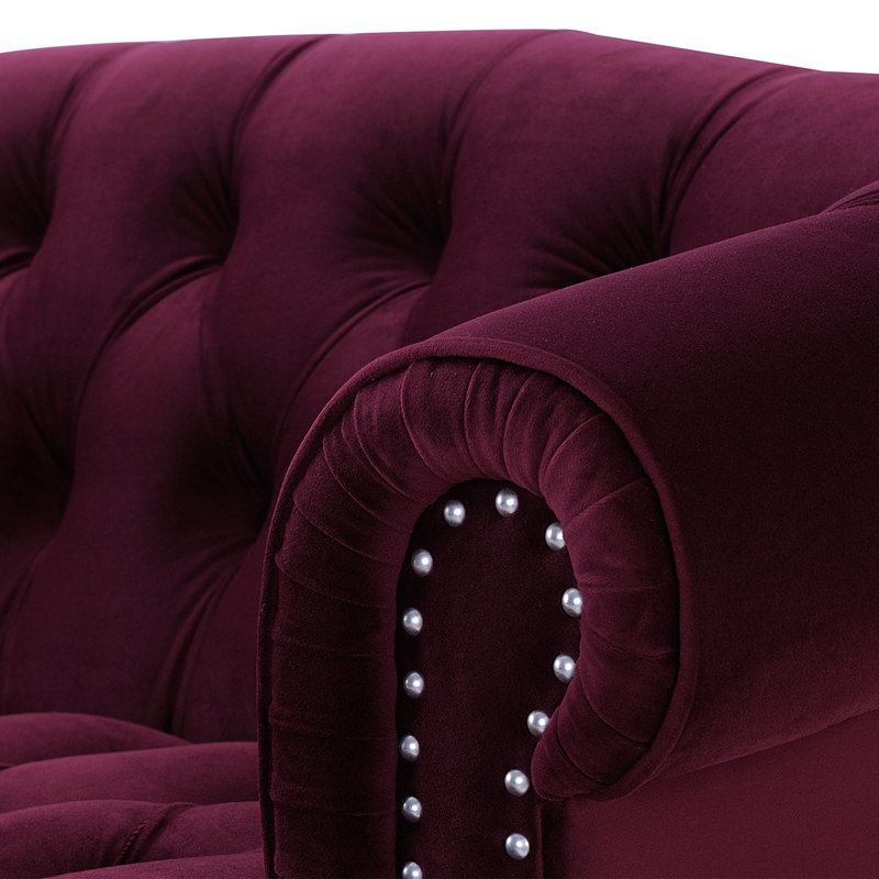 Chesterfield en velours à accoudoirs arrondis Joannes, H 32 po x l 68,5 po x P 38 po, Bourgogne