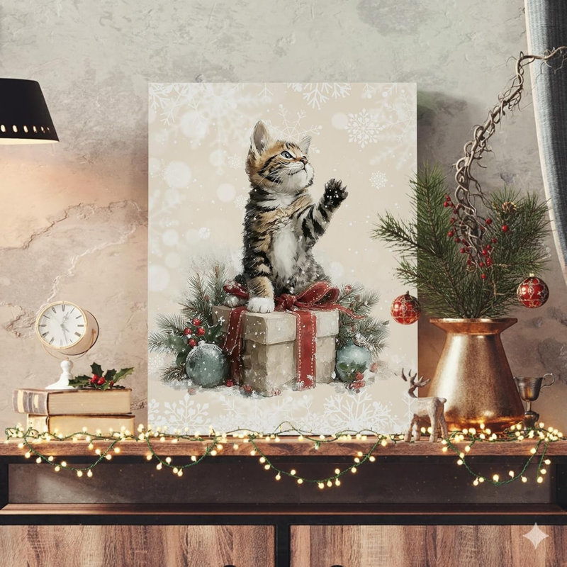 Mignon chat de Noël, art mural sans cadre 16 po x 20 po