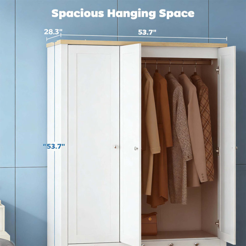 3 Doors Wardrobe Closet With Spacious Hanging Space, Enclosed Shelves, And Lockable Drawers For Organized Storage, White