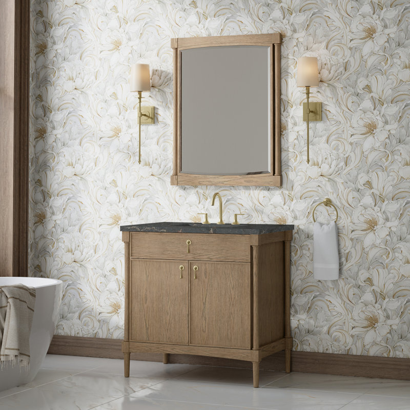 Kinnsden 36" W Single Vanity, Parisien Bleu Silestone, 8" Widespread, Weathered Oak