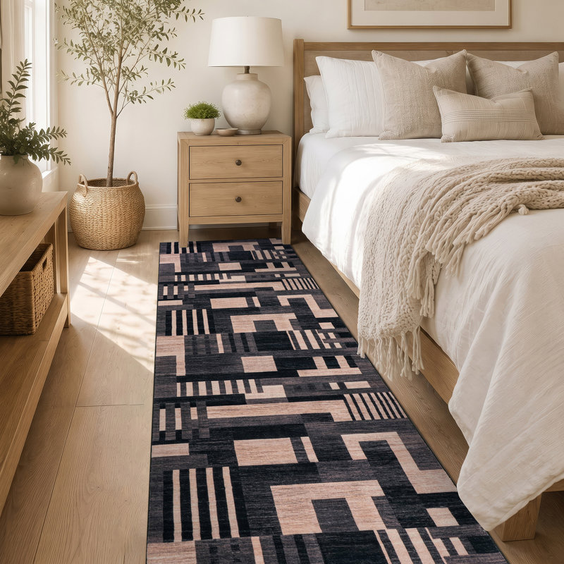 Tapis noir antidérapant à motif de blocs de couleur lavable à la machine, 2 pi x 10 pi