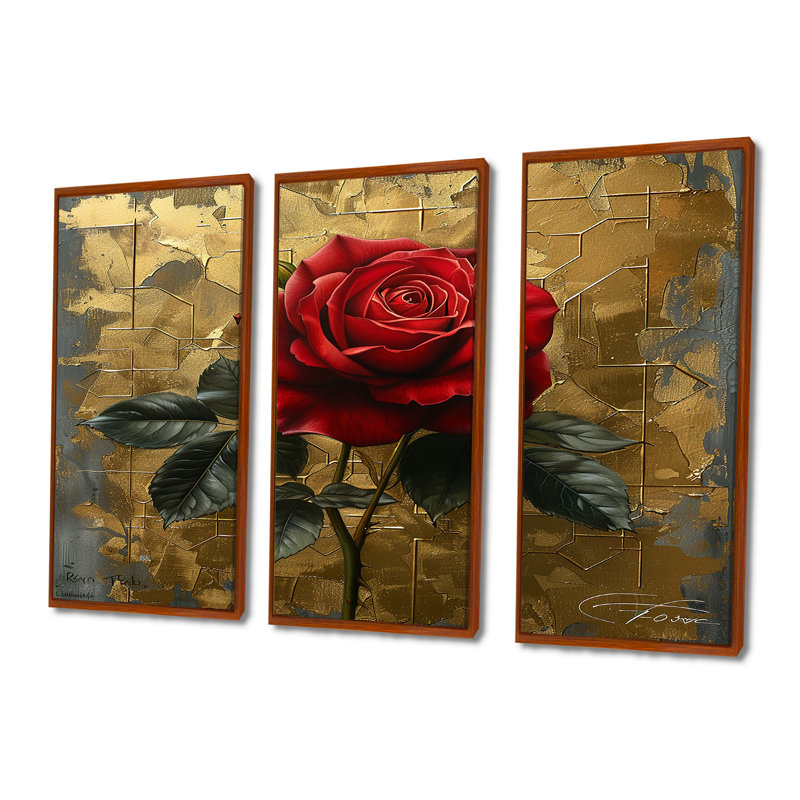 Ensemble de salon art mural rétro rose rouge I, Cadre flottant brun, H 32 po x l 48 po x P 1 po