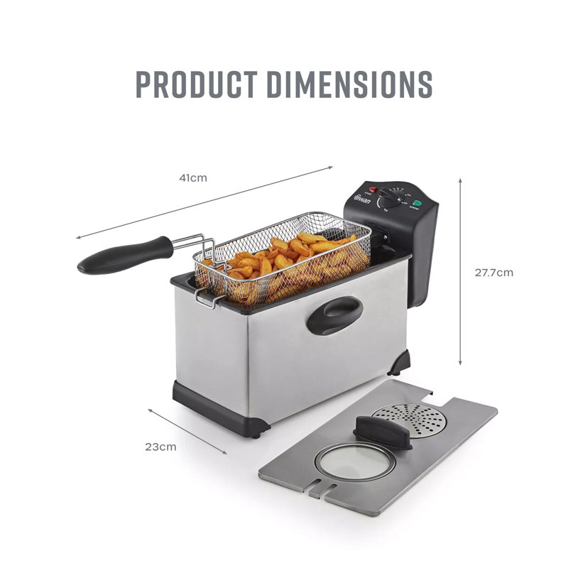 Swan SD6040N 3 Litre Stainless Steel Deep Fat Fryer with Viewing Window and Safety Cut Out, Non-Slip, Easy Clean and Adjustable Temperature Control, 2000W, Silver