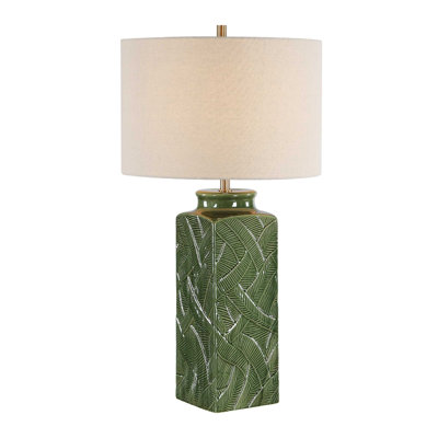 Lampe de table, abat-jour beige, motif de feuilles en relief, céramique vert brillant, 28 po