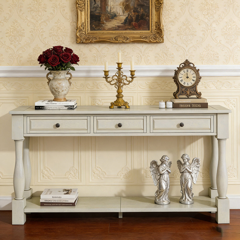 Console élégante de style méditerranéen de 63 po de long avec tiroirs et tablette pour le rangement dans le vestibule et le couloir