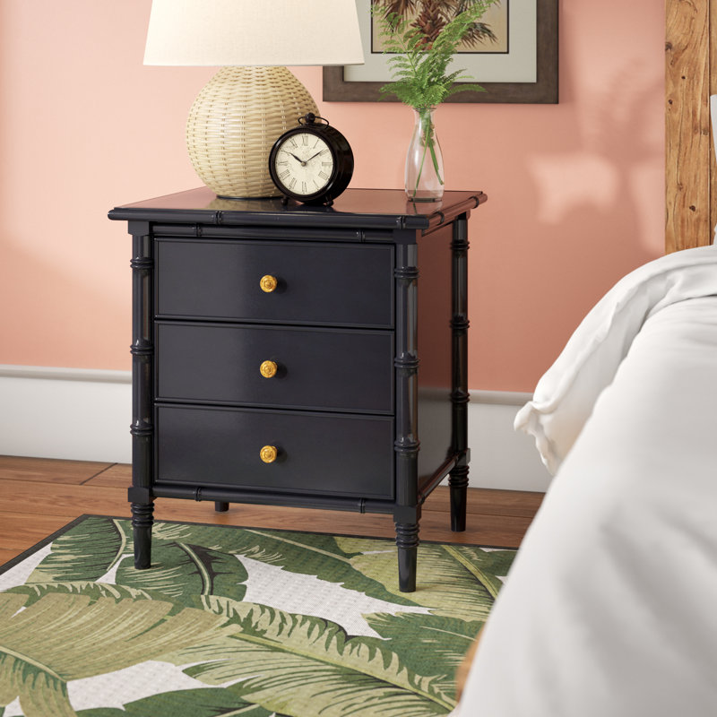 Elegant Amling 23'' W Nightstand –Glam Boho 3 Drawer Wood Chest with Bamboo Details & Neutral Finish, Navy