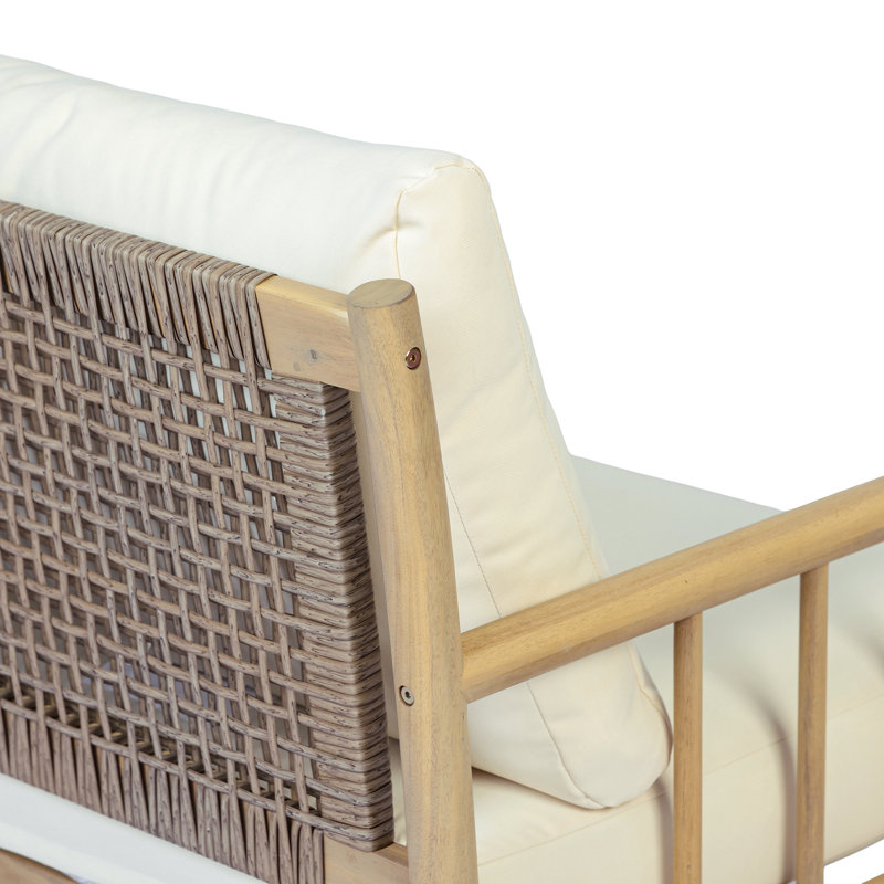 Fauteuil d'extérieur moderne en bois d'acacia avec dossier en rotin PE Meriton, Coussin beige / structure en teck clair, 2