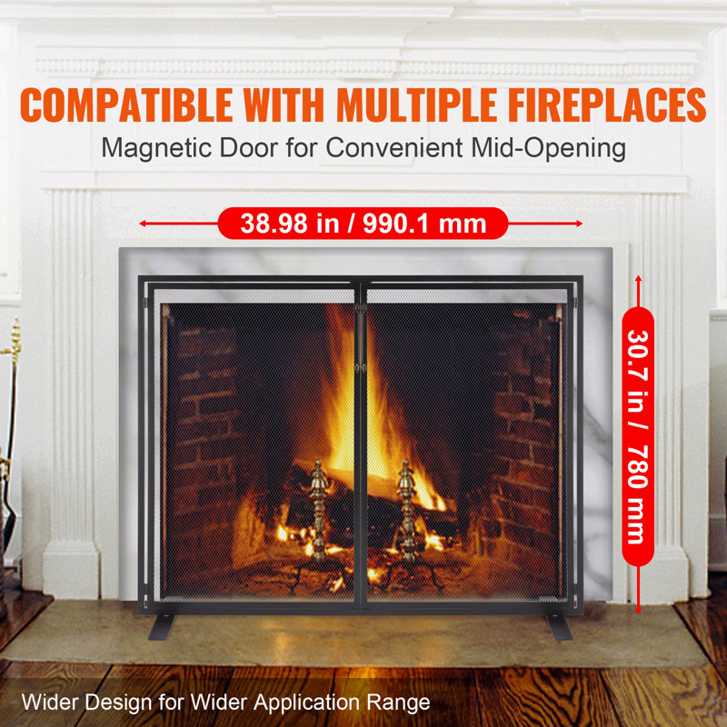 Fireplace Screen 1 Panel With Door, Sturdy Iron Mesh Fireplace Screen, 38.98"(L) X30.7"(H) Spark Guard Cover, Simple Installation, Free Standing Fire Fence Grate For Living Room Home Decor Moder
