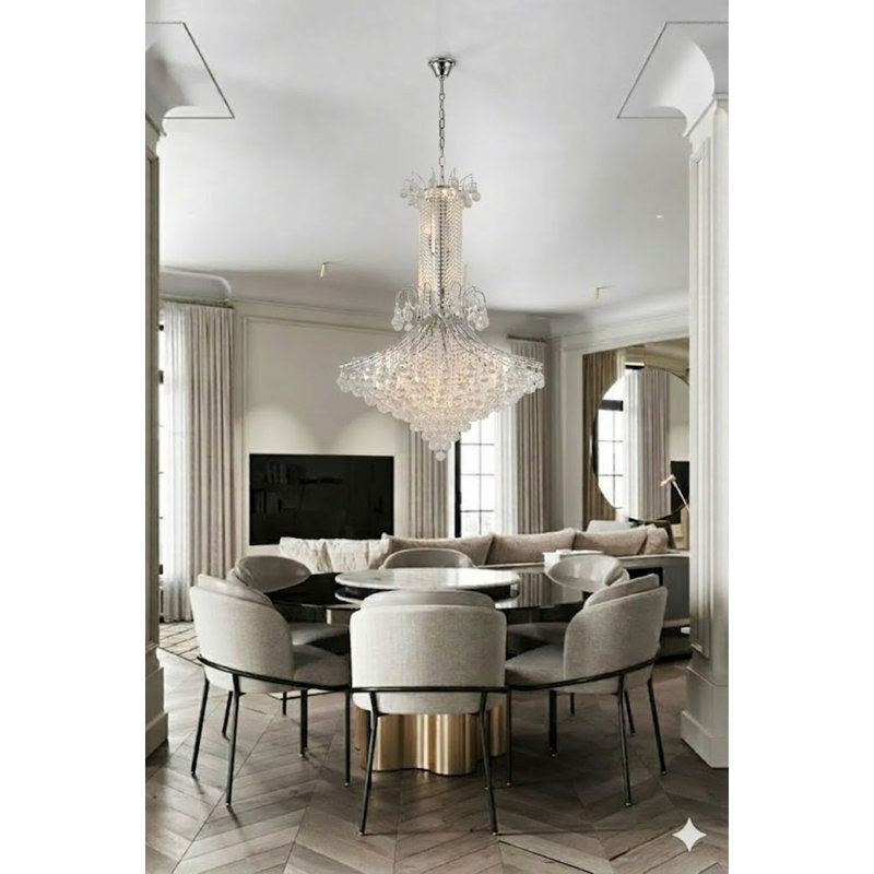 Lustre 16 lumières en chrome avec cristaux transparents suspendus
